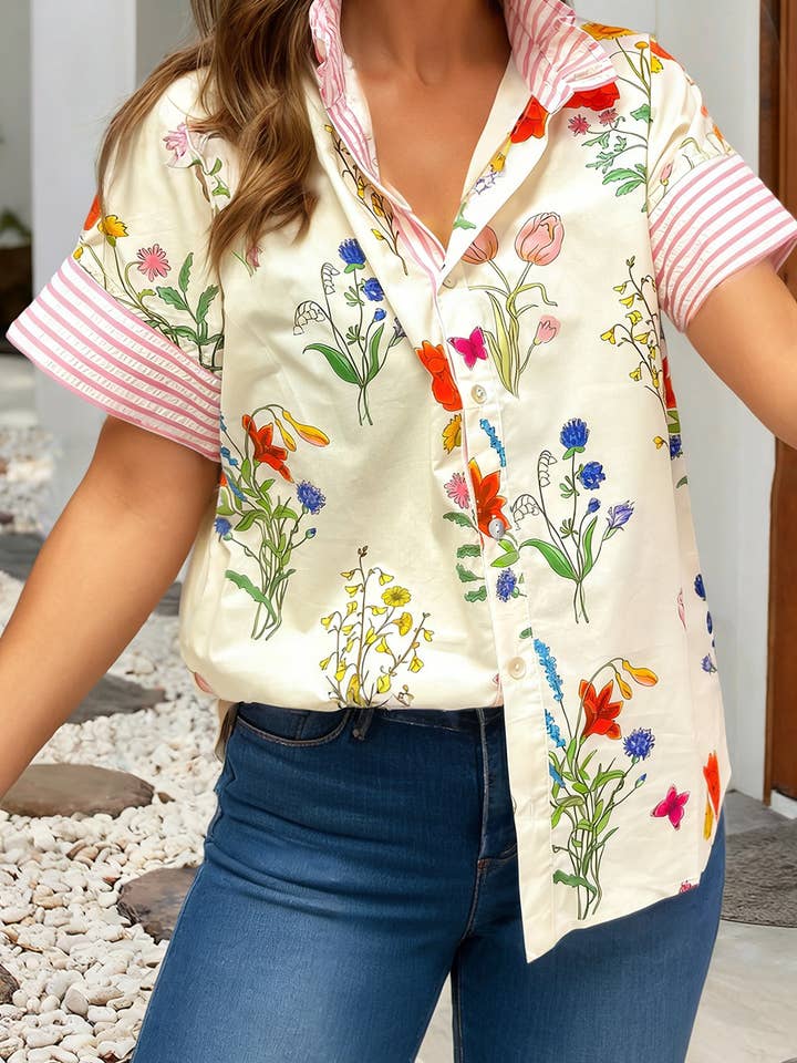 LDC Button Floral Shirtcolla Shift Top for wholesale by Little Daisy Closet