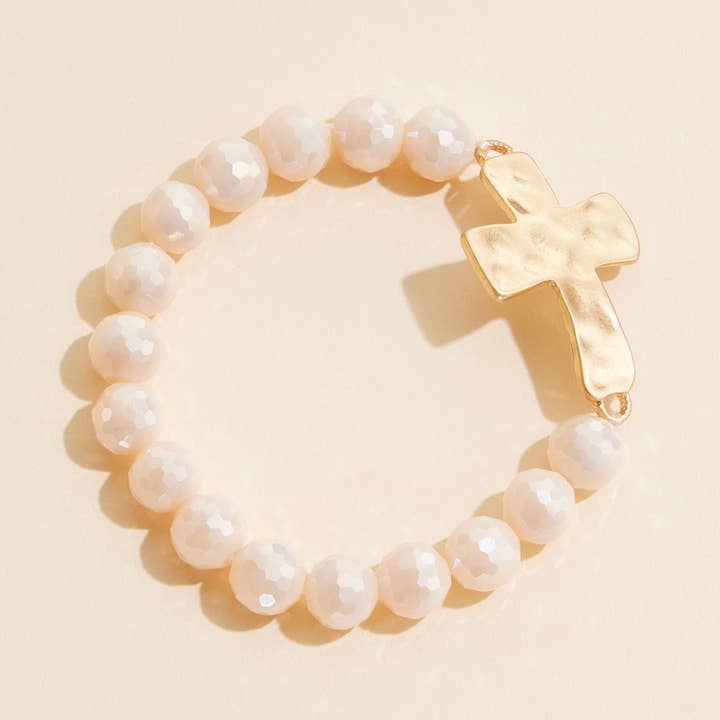 Frem - Wholesale Beaded Bracelet - Cross Charm Glass Beaded Stretch Bracelet