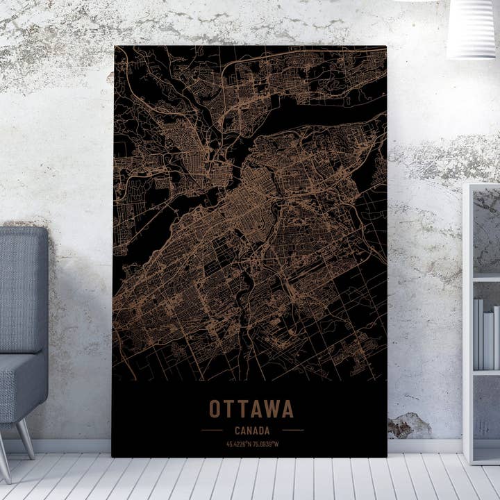 Carte d'Ottawa, Canada, gravure sur bois. Carte laser 3D pour la vente par Kustwood