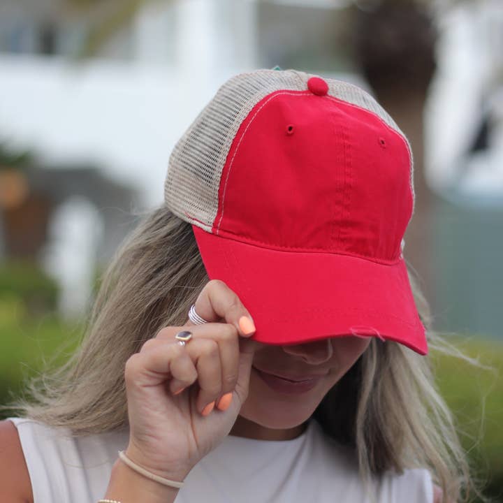 Red High Ponytail Hat with Beige Mesh for wholesale on Faire2