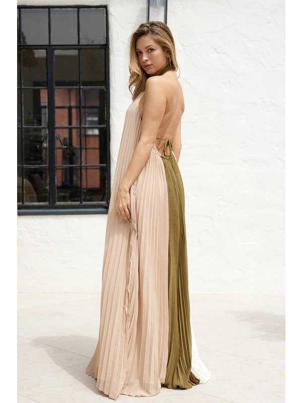 Endless Blu - Wholesale Dress - Women's - Halter Neck Pleated Colorblock Maxi Dress7
