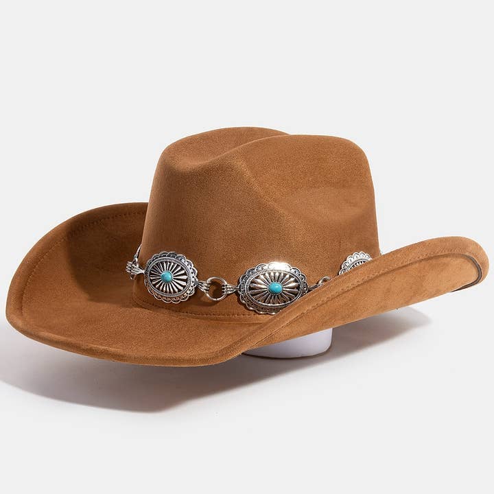 Collections by Fame Accessories - Venta al por mayor Sombrero cowboy - Mujer - Sombrero vaquero occidental con cinturón de tachuelas turquesa y concho