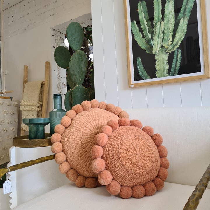 The Andes Project - Vendita all'ingrosso Fodera cuscino decorativo - CUSCINI/COPRICUSCINI ROTONDI CON POMPON, MISURA MEDIA, POLVEROSA