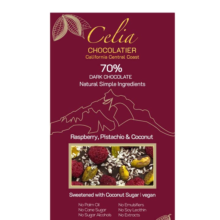 CELIA CHOCOLATIER - Wholesale Chocolate Bar - 70% Dark Chocolate | Raspberry, Pistachio, Coconut 4