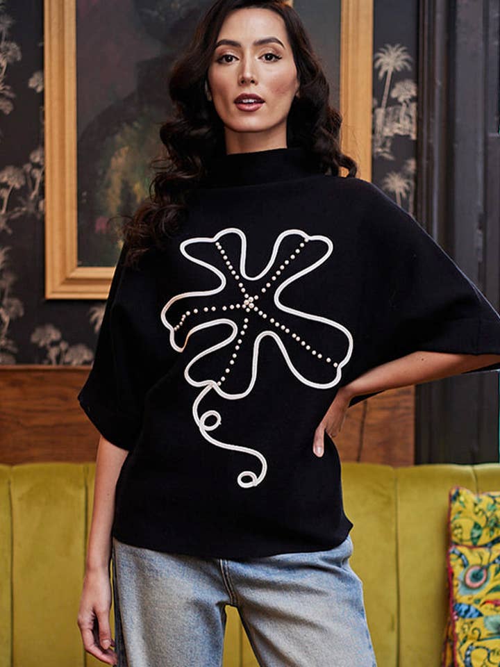 ANGELEYE - Wholesale Knit Sweater - Women's - Turtle Neck Black Jumper with White Flower2