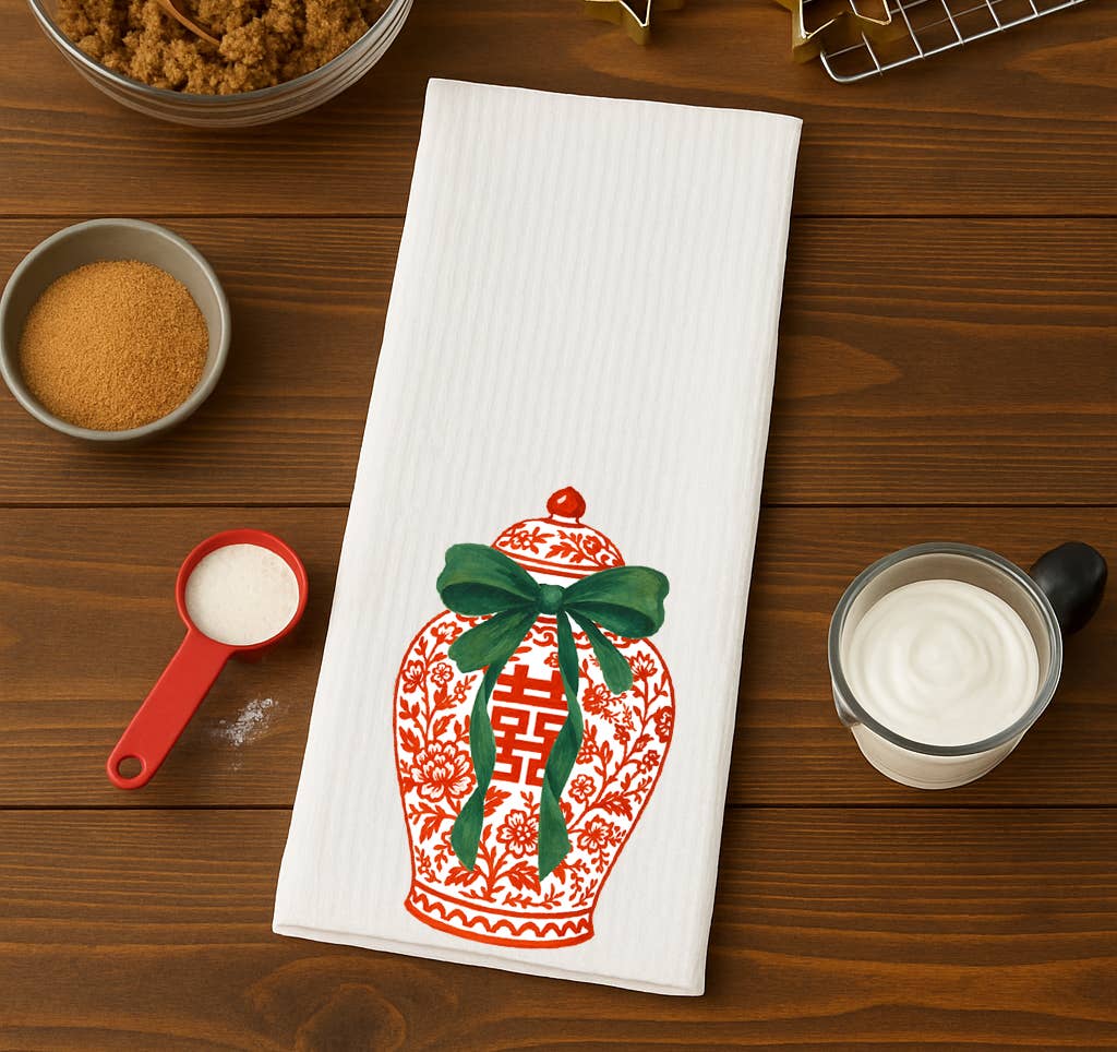 Design Carolinas - Wholesale Tea Towel - Red Ginger Jar with Green Bow Christmas Kitchen Towel
