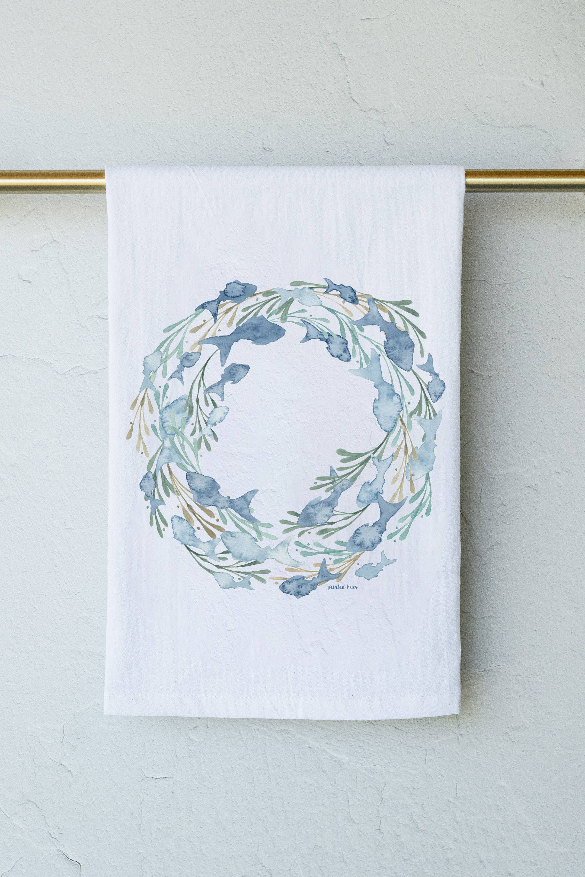 Printed Hues - Wholesale Tea Towel - Holiday Watercolor Wreath of Circling Fish Tea Towel