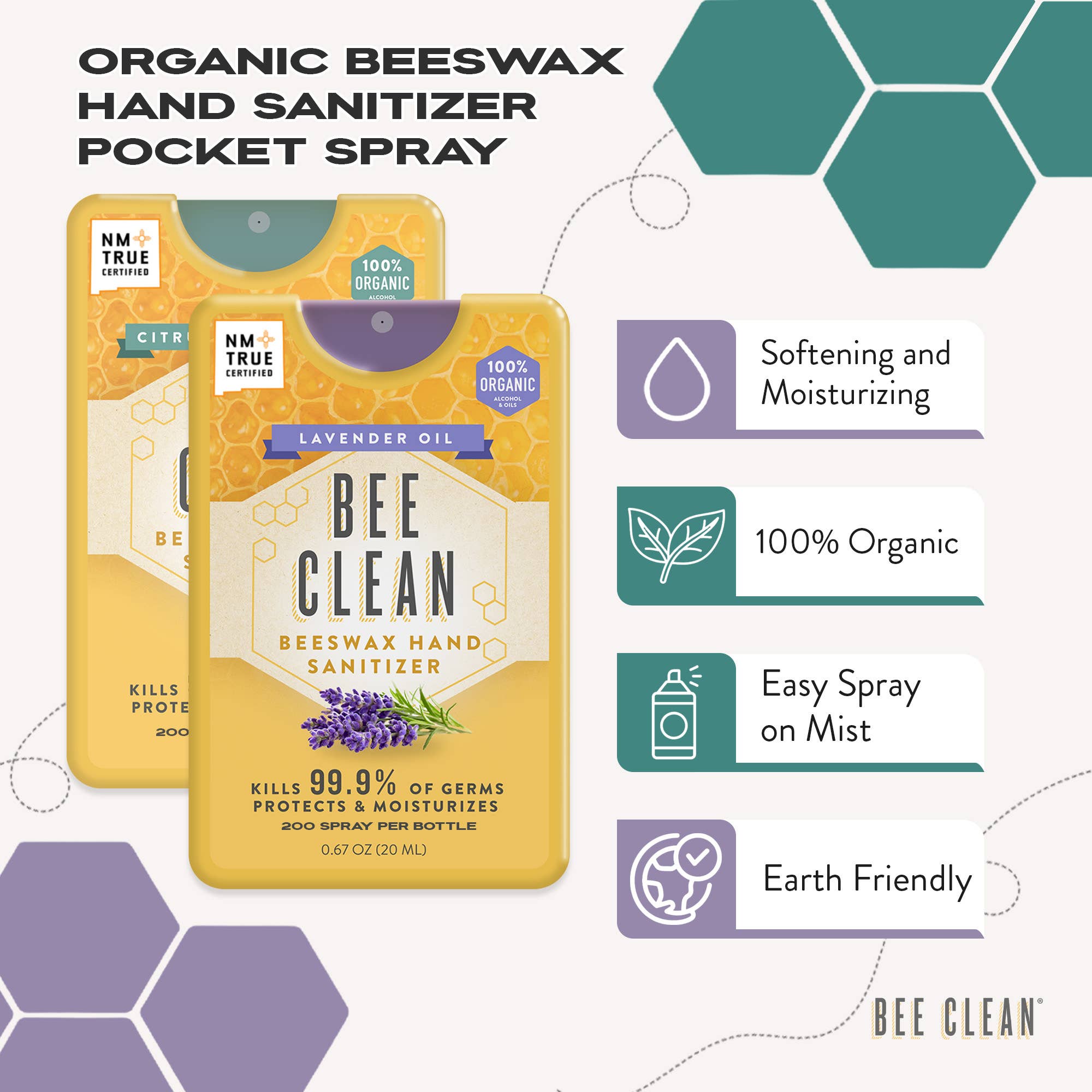 Bee Clean - Vente Désinfectants pour les mains - Désinfectant pour mains à la cire d’abeille Bee Clean bio – lot de 13 packs de 4 à la lavande2