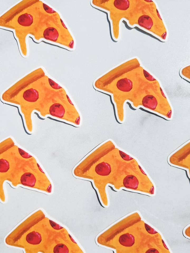 Matte Vinyl Cheesy Pepperoni Pizza Slice Sticker (2x3") for wholesale by Shayne Draws Food