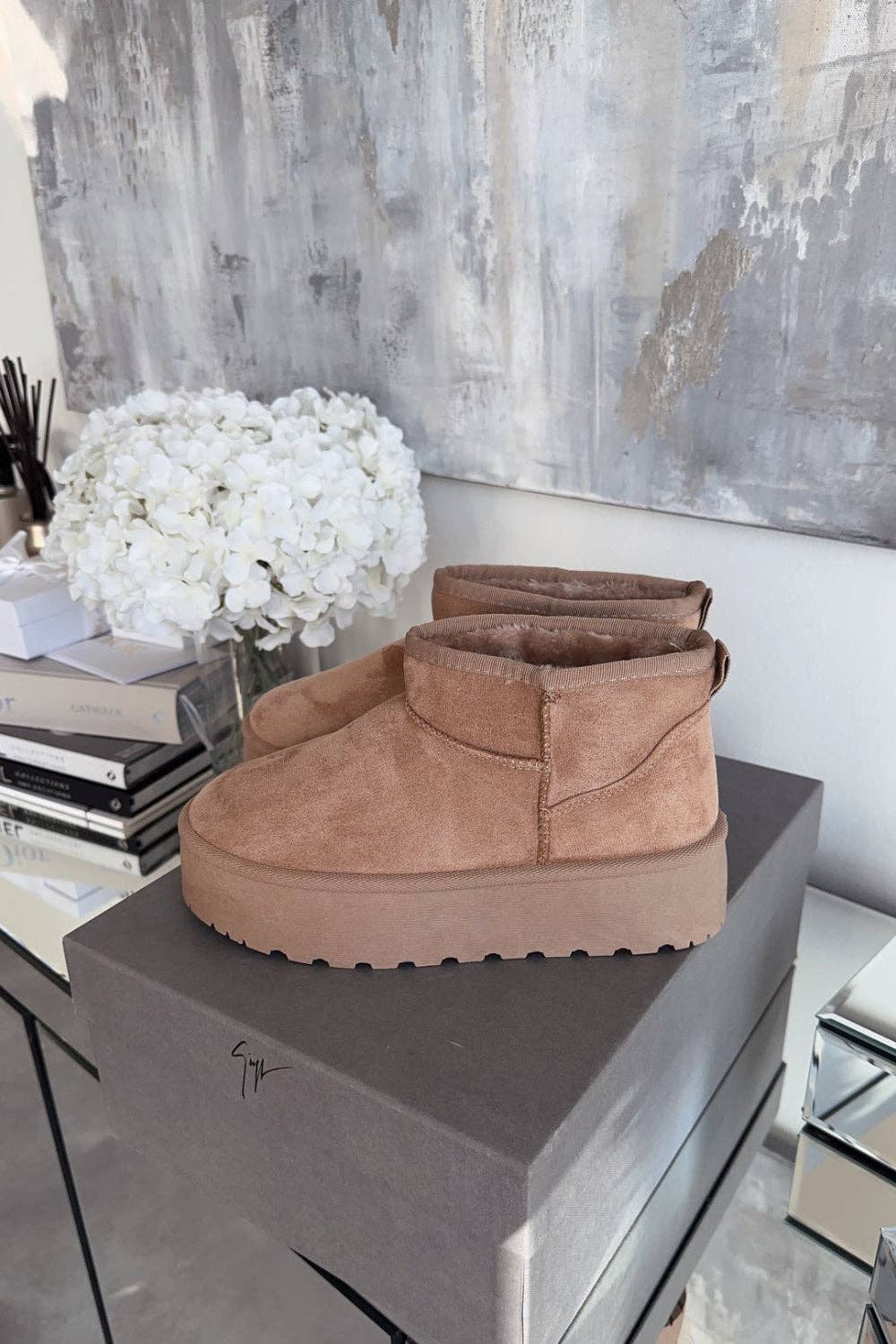 Camel Faux Fur Lined Ultra Mini Platform Women's Ankle Boots for wholesale on Faire4