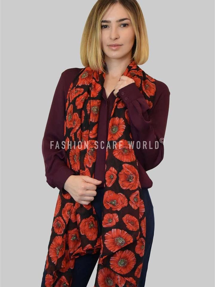Écharpe légère à motif coquelicots détaillé pour la vente par Fashion Scarf World