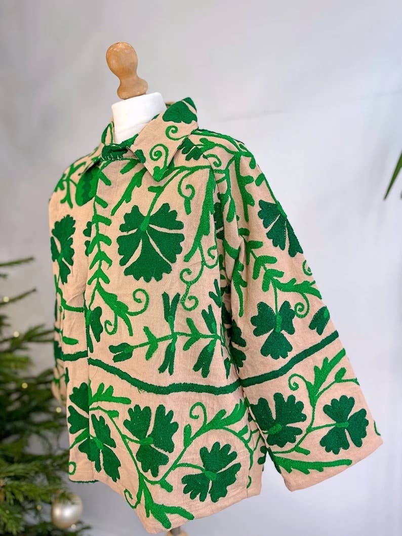 Essential Designs London – wholesale Jacket – Women's – Suzani Hand Embroidered Unisex Bolero Short Jacket Spring Boho Gypsy Kashmir Crewel Special Love Gift | Quirky Cafe Beige Green Floral Leaf2
