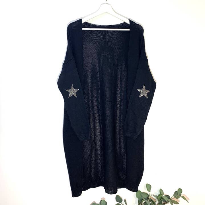 Long length cardi with crystal star on elbows for wholesale by Tempest Designs