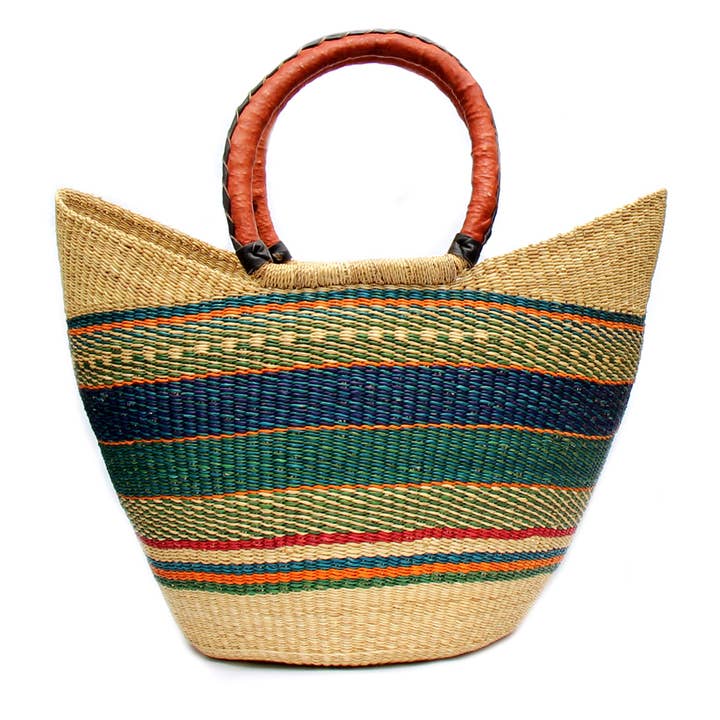Global Crafts - Wholesale Beach bag - Bolga Tote, Mixed Colors with Leather Handle7