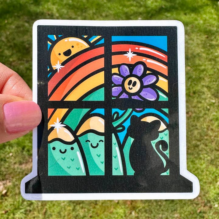 Pegatina con diseño de arcoíris, bonito gato negro sentado en la ventana para venta al por mayor de Fishbiscuit Designs