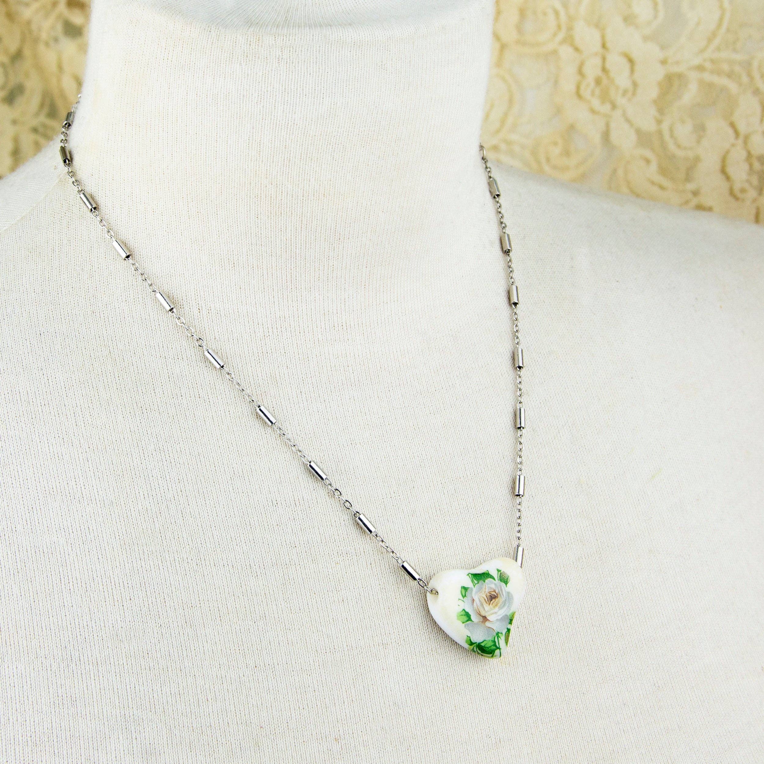 1928 Jewelry - Wholesale Pendant/Charm Necklace - 1928 Jewelry 85' Porcelain Heart & Rose Pendant Necklace 15" + 3" Extension2