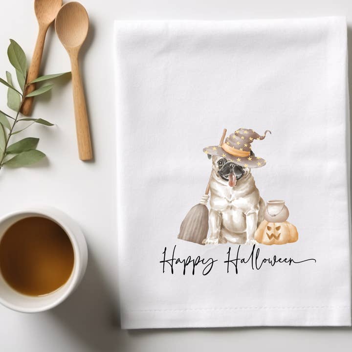 Halloween Flour Sack hand towel - Pug Hand Towel- for wholesale by Shells Primitives/No Place Like Home