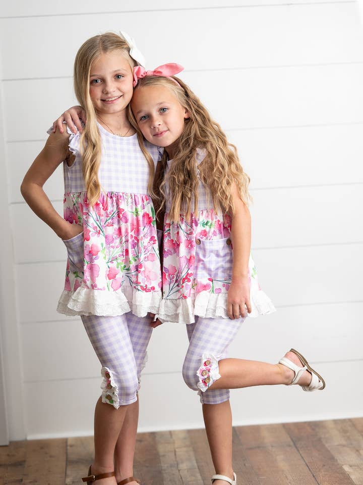 Oopsie Daisy - Wholesale Top & Leggings Set - Kids - Kids Lavender Gingham & Floral Capri Ruffle Summer Set