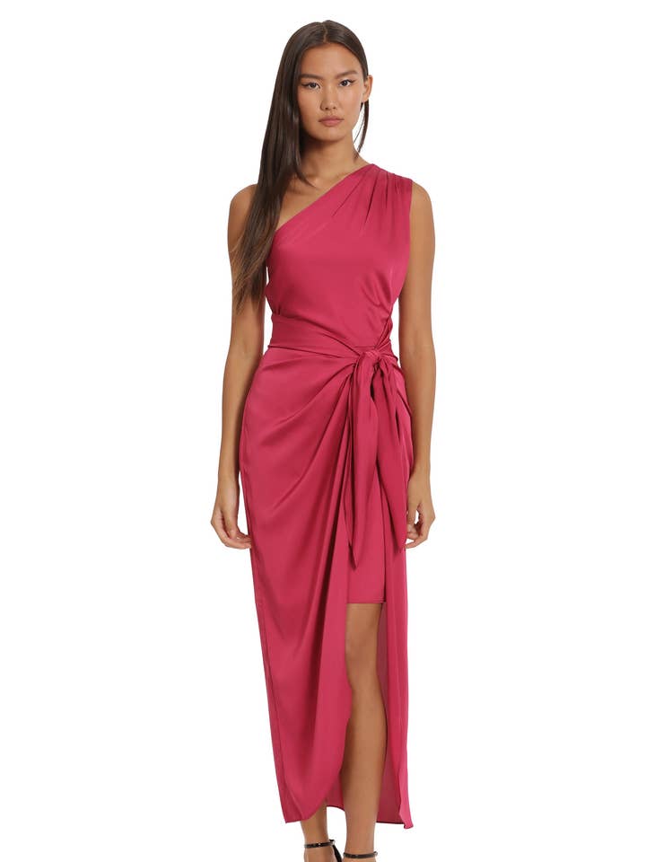 GONNA MIDI DRAPPEGGIATA MONOSPALLA CON CINTURA IN VITA per la vendita all'ingrosso da parte di Maggy London Group