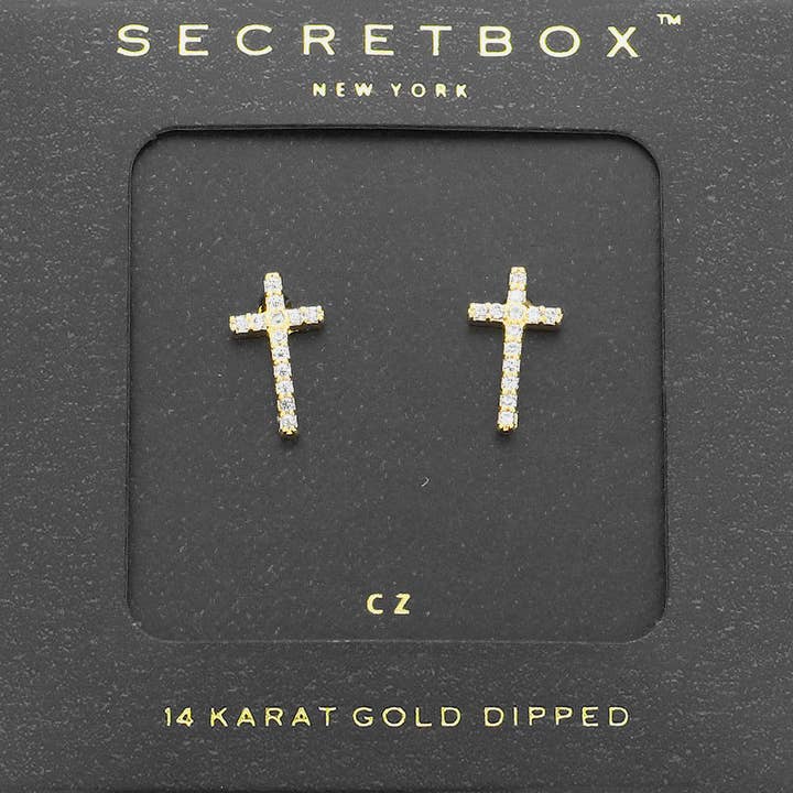 SECRET BOX_14K Gold Dipped CZ Cross Stud Earrings for wholesale by Sensibling Corp.