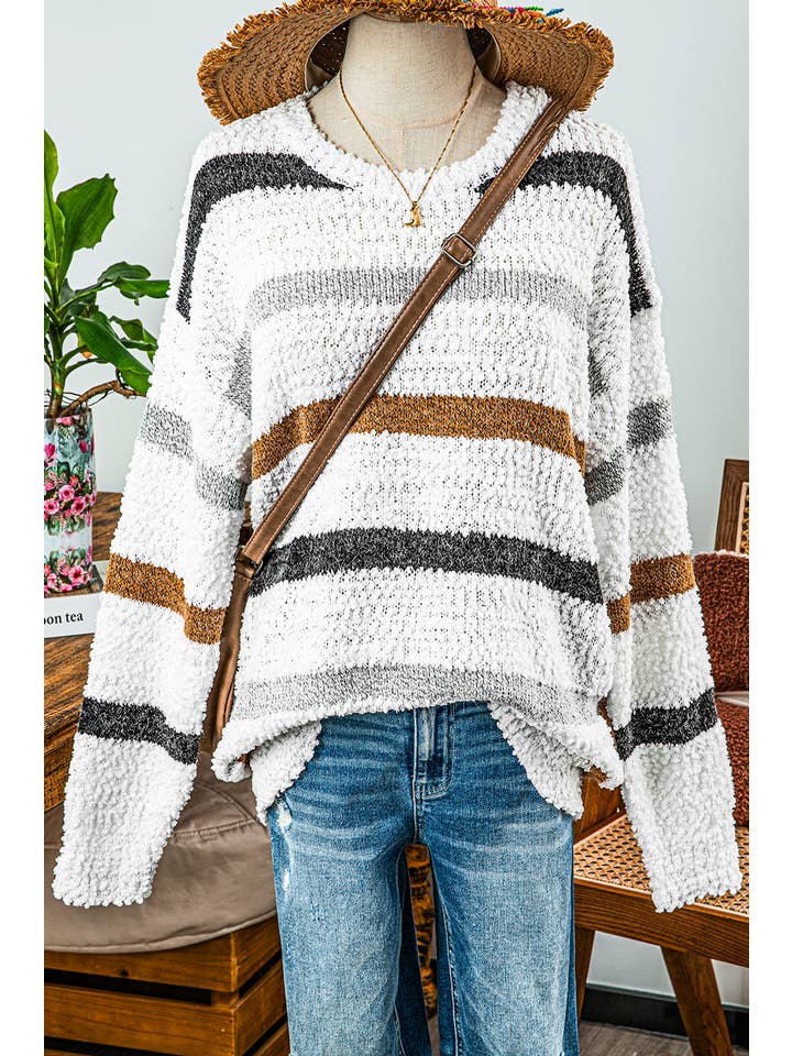 As shown Fashion-W Striped Popcorn Knit Sweater for wholesale on Faire
