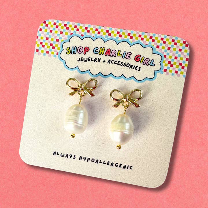 Dainty Freshwater Pearl Bow Post Earrings for wholesale by Shop Charlie Girl