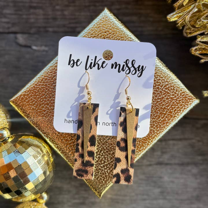 Spike Bars - Leopard Print Leather and Brass Earrings for wholesale by Be Like Missy