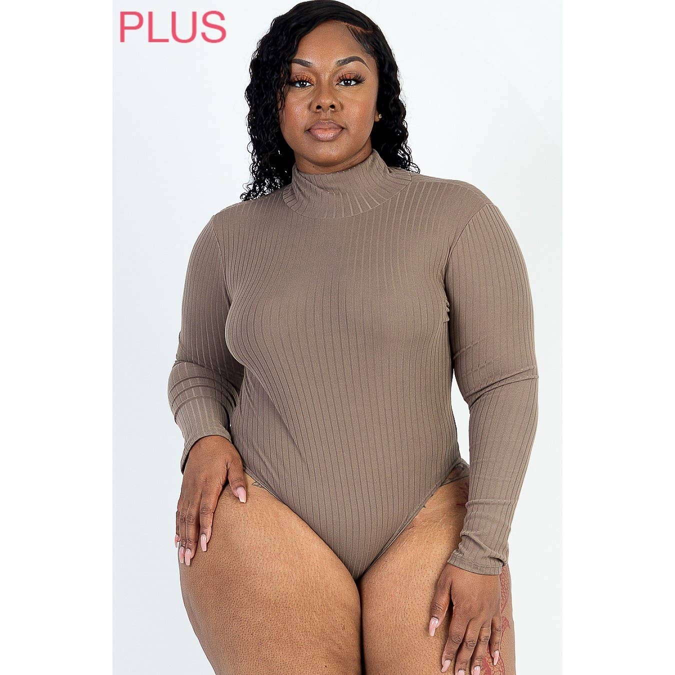 UP CLOTHING - Wholesale Bodysuit - Women's - Plus Size Ribbed Turtle Neck Long Sleeve Bodysuit4