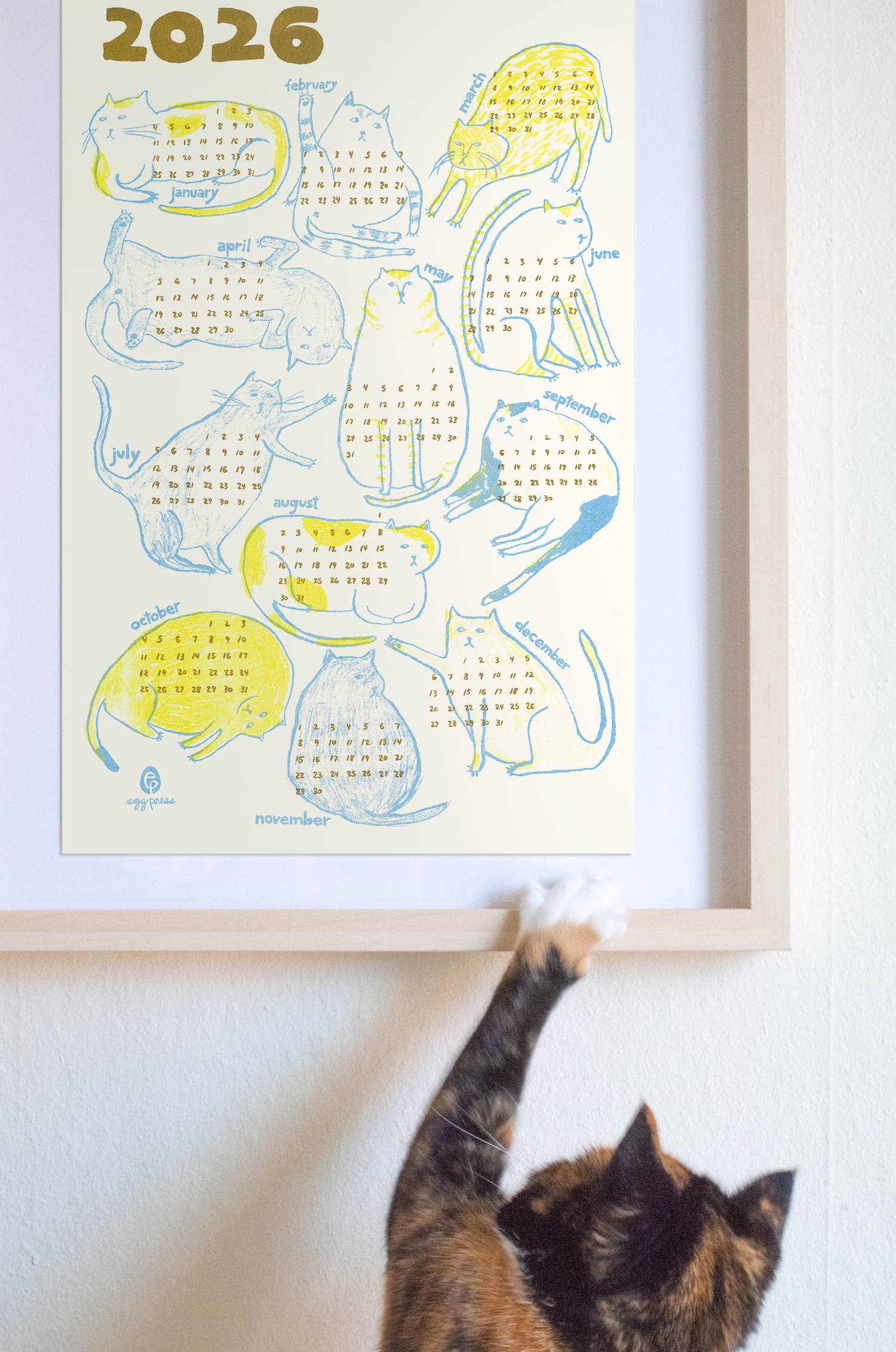 Egg Press Manufacturing - Wholesale Calendar - Cats 2026 Calendar Illustrated Risograph Print3