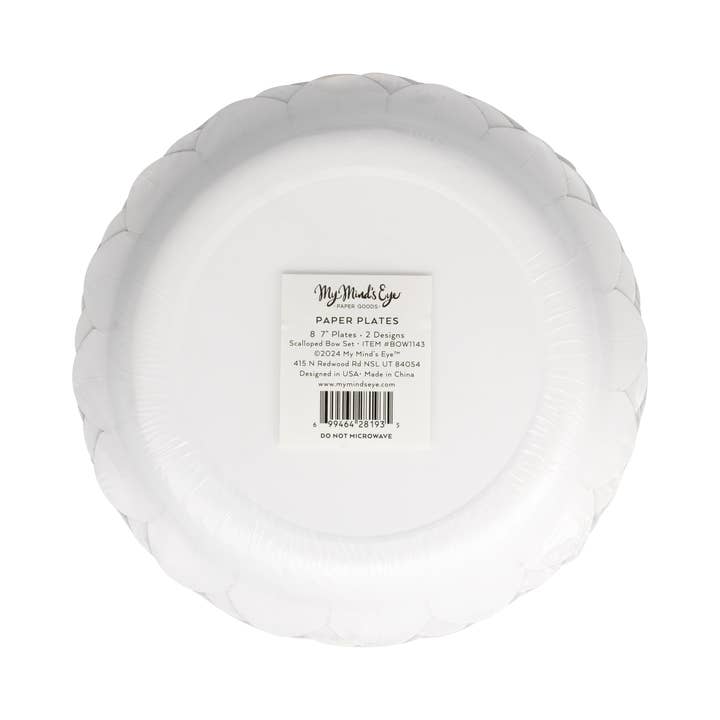 My Mind’s Eye - Wholesale Disposable plate - BOW1143 - Red and Pink Green and Mint Stripes and Bow Scalloped 7" Plate Set5