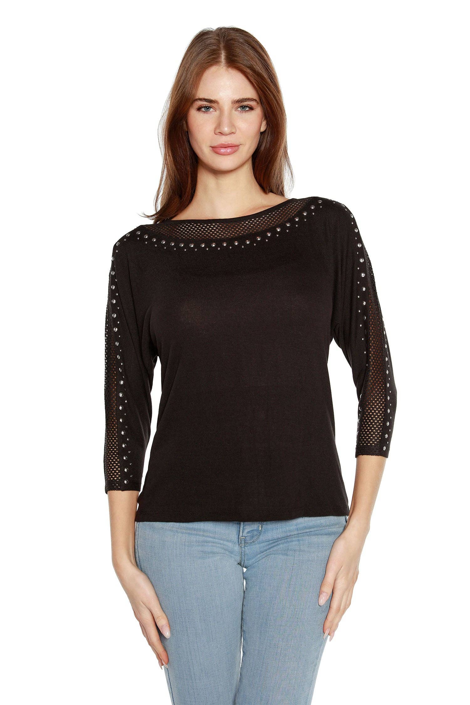 Black Women's Dolman Top with Studs and Mesh for wholesale on Faire0