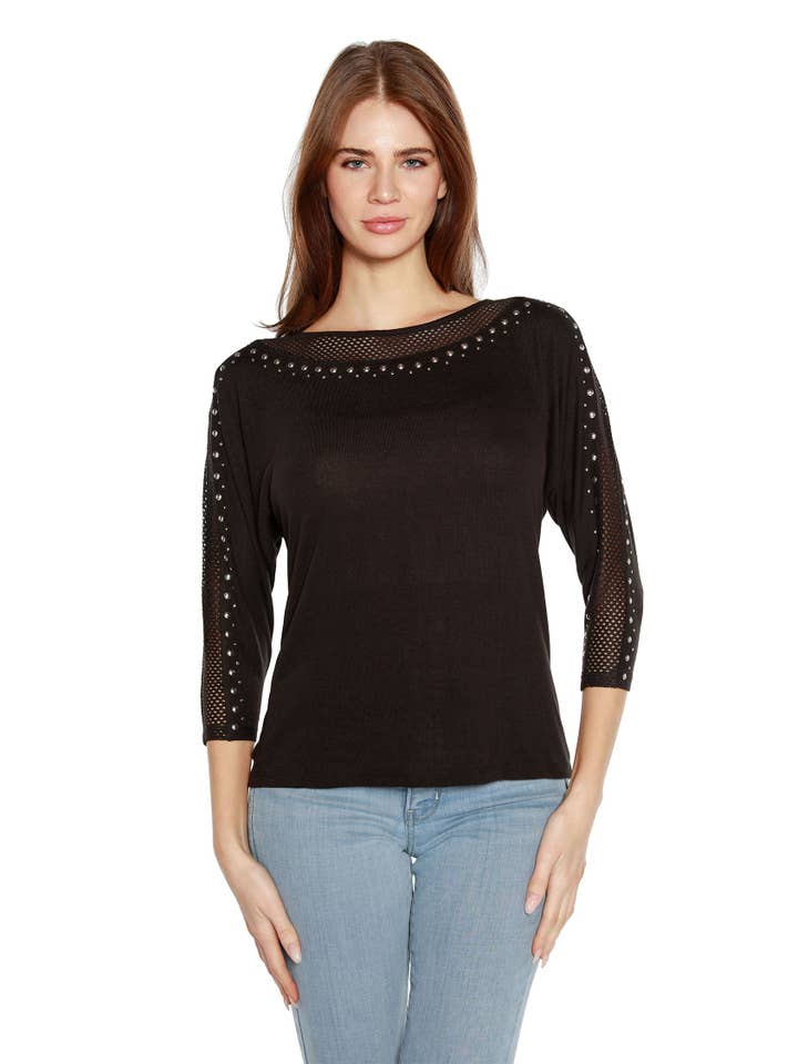 Black Women's Dolman Top with Studs and Mesh for wholesale on Faire