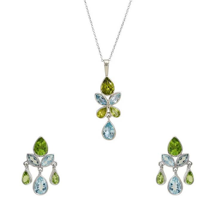 Ensemble pendentif en argent sterling 925 orné de topazes bleues et de péridot, avec chaîne et boucles d'oreilles pour la vente par DIAJEWELS USA LLC