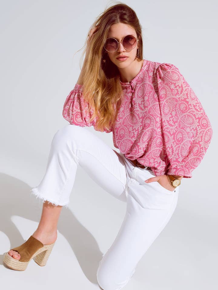 Pink chiffon Blouse With Floral Print And Long Balloon Sleeves for wholesale on Faire0