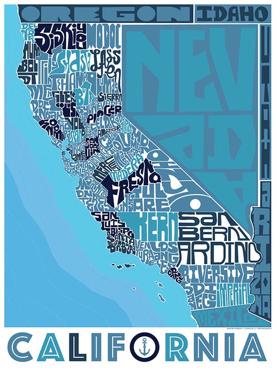 Type kaart van California Counties voor wholesale door LOST DOG art & frame