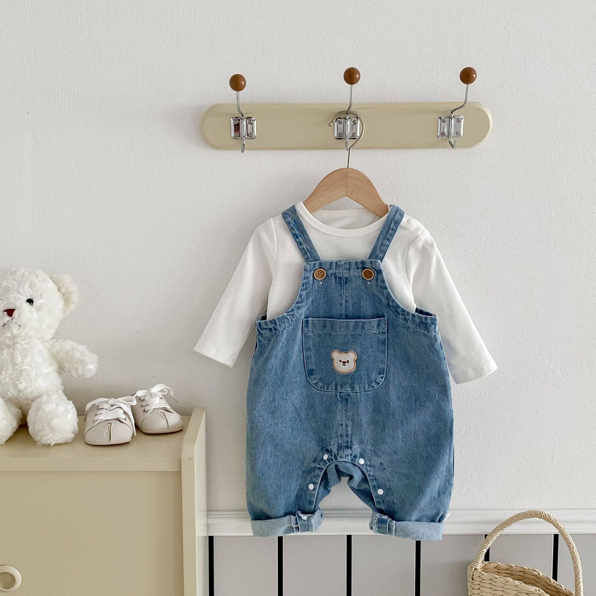 Blue Spring and Autumn Baby Kids Unisex Long Sleeves White Top and Denim Sleeveless Overalls Clothing Set for wholesale on Faire5