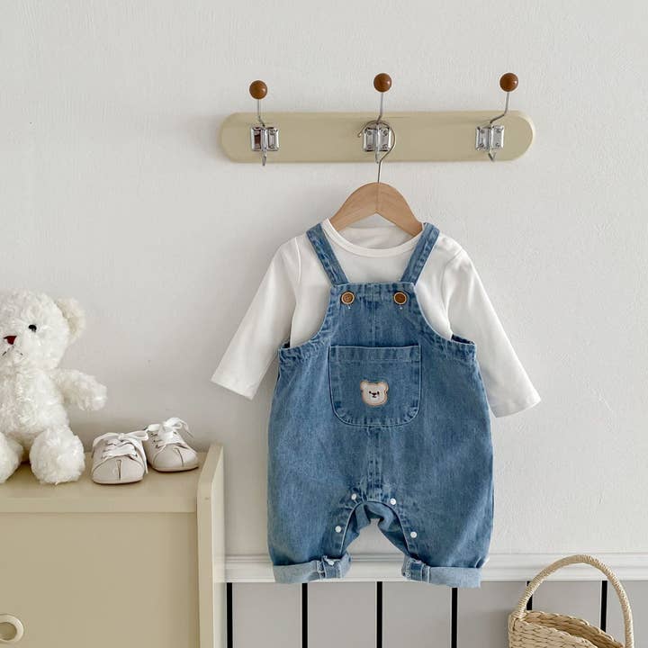 Blue Spring and Autumn Baby Kids Unisex Long Sleeves White Top and Denim Sleeveless Overalls Clothing Set for wholesale on Faire5