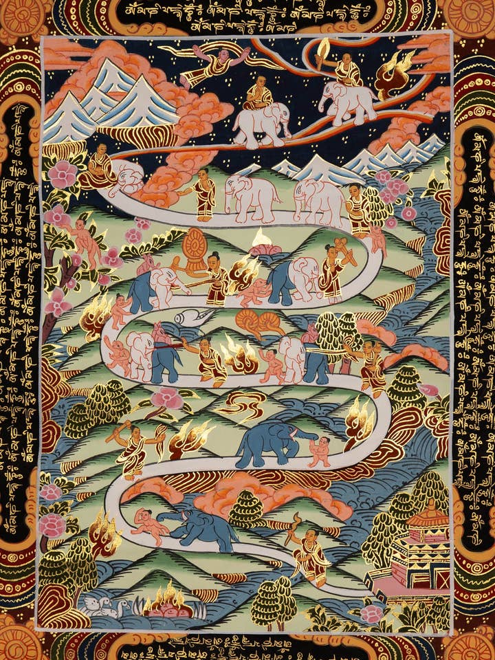 Thangka del Sentiero verso l'Illuminazione (Nove Stadi della Meditazione) per la vendita all'ingrosso da parte di Lucky Thanka
