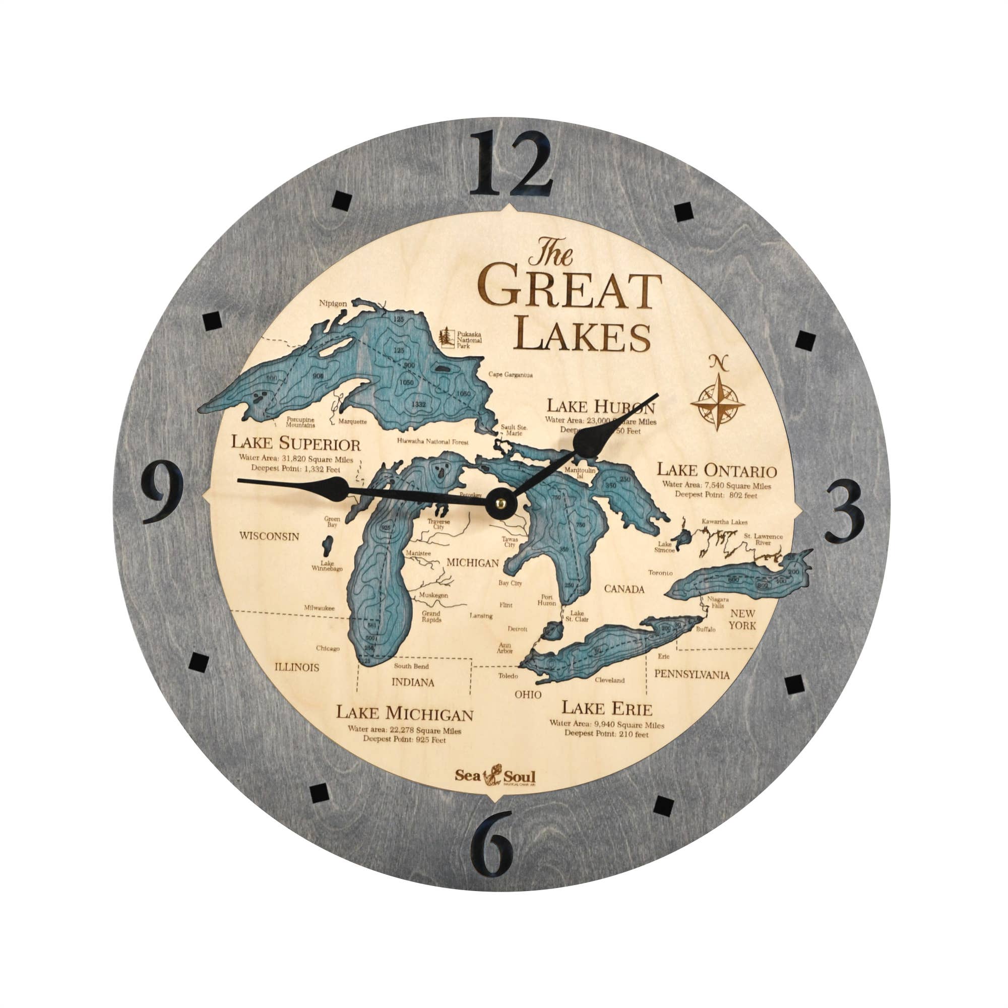 Sea & Soul Nautical Chart Art - Wholesale Muurklok - Great Lakes 3D Nautische kaart houten wandklok - 2 niveaus4