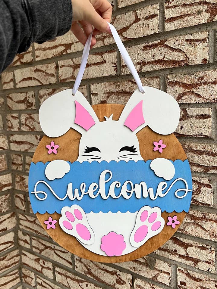Easter Bunny Welcome Door Hanger with Spring Decorations for wholesale by 347 Laser Customs