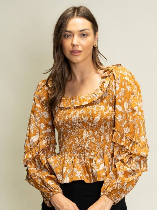 JOT1156 Floral Smocked Ruffle Peplum Top for wholesale by Heyson