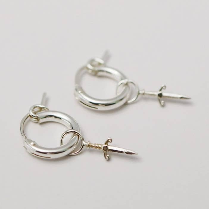 Mini Sword Charm Hoop Earrings in sterling Silver for wholesale by Metrix Jewelry