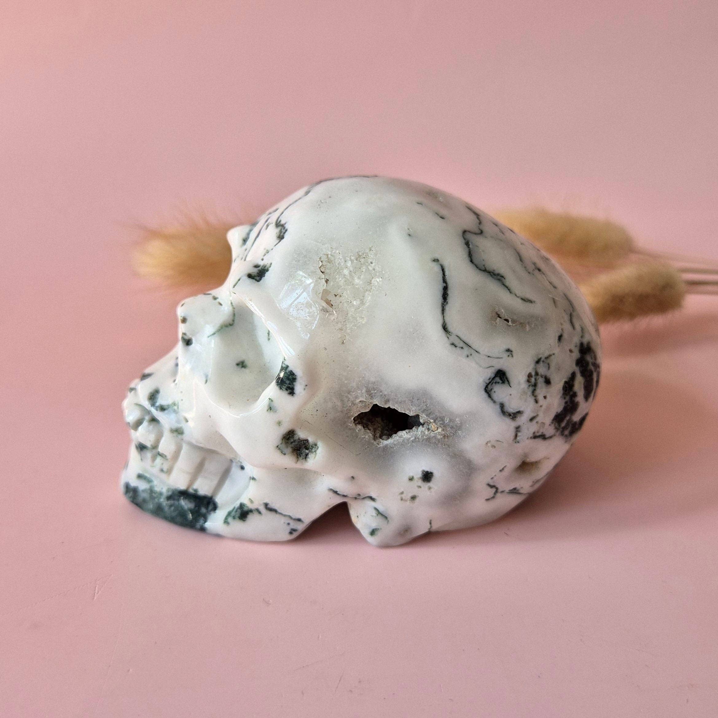 Moonlight Gemstones - Wholesale Spiritual Stone/Crystal - XL Gemstone Skull Moss Agate Skull #7 - 9cm 413gram Skull3