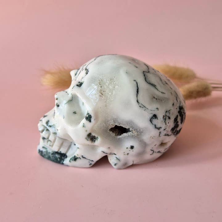 Moonlight Gemstones - Wholesale Spiritual Stone/Crystal - XL Gemstone Skull Moss Agate Skull #7 - 9cm 413gram Skull3
