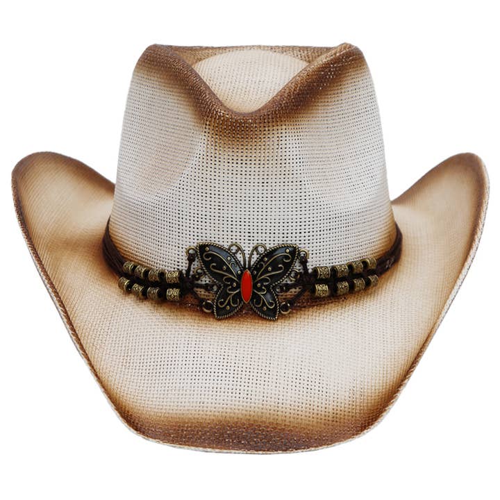 Cap Zone - Wholesale Cowboy Hat - Women's - Butterfly Emblem Waxed String Straw Cowboy Hat9