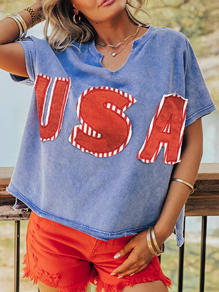Blue USA Patch Mineral Wash Notch V Neck Vintage Graphic T Shirt for wholesale on Faire