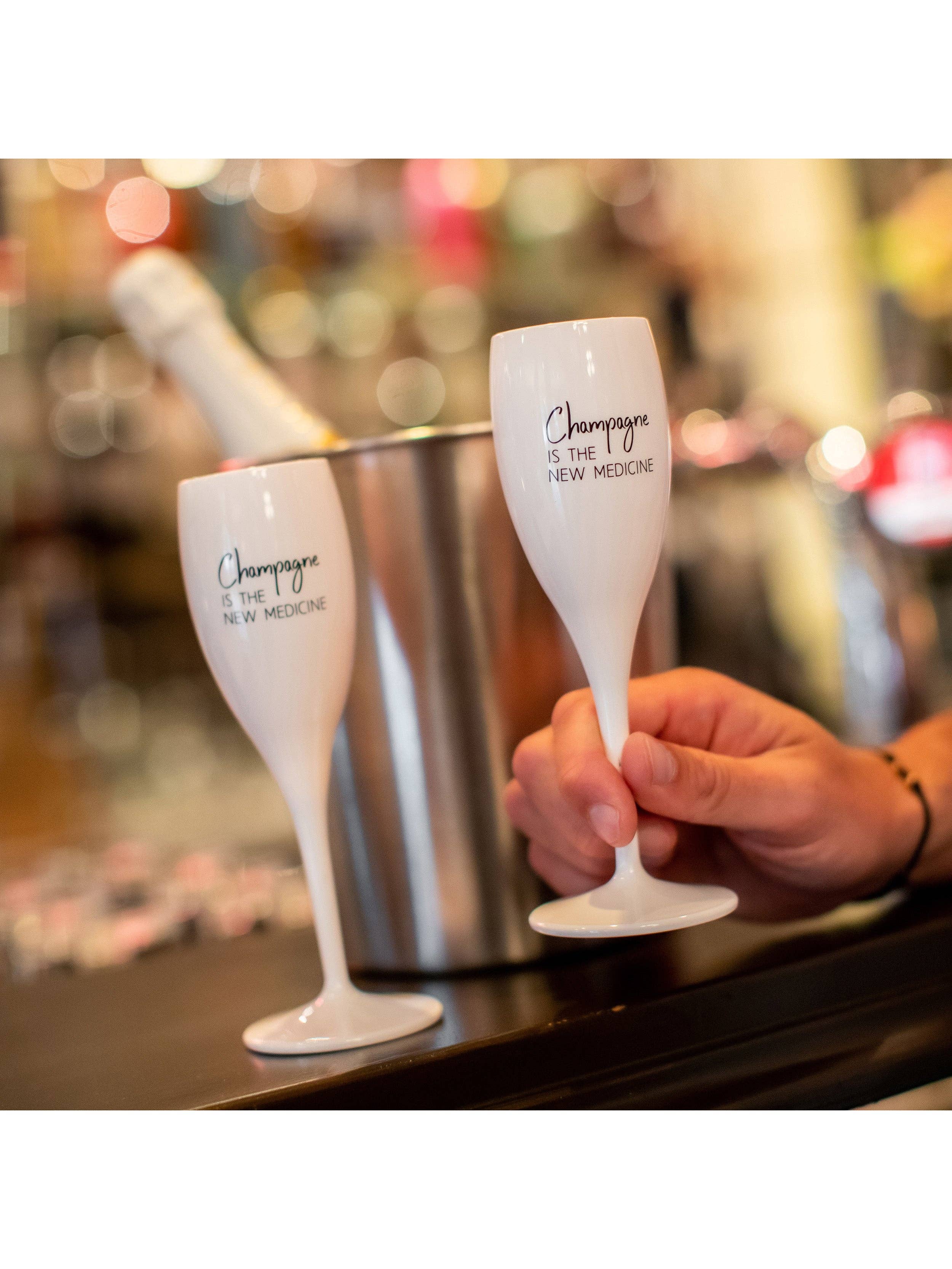 Cotton white Sparkling wine glass CHEERS No. 1 CHAMPAGNE THE NEW for wholesale on Faire2