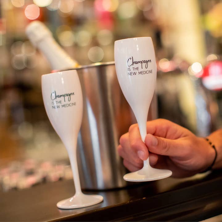 Cotton white Sparkling wine glass CHEERS No. 1 CHAMPAGNE THE NEW for wholesale on Faire2