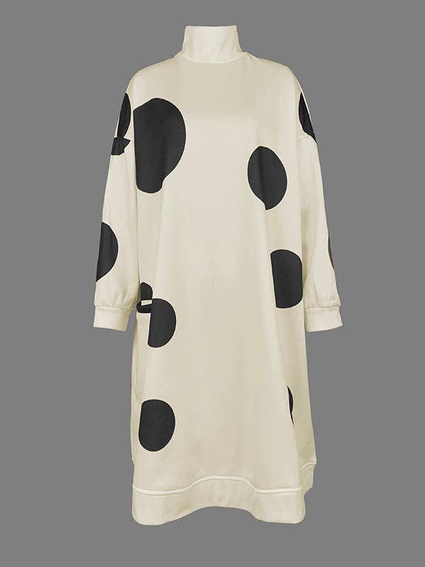 WHITE BLACK Long Sleeves Loose Pockets Polka-Dot Mock Neck Mini Dresses for wholesale on Faire5