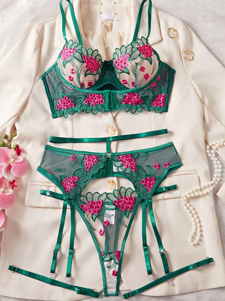 Ladies Sexy Floral Embroidery Mesh Garter 3PCS Lingerie Set for wholesale by Sweetkama